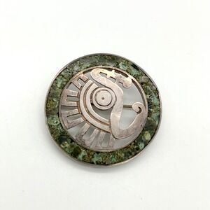 Miguel Melendez Taxco‎ Sterling Silver Blue Green Stone Tribal War Circle Brooch